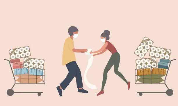 Vector illustration of Shopper male and female fight for the toilet paper and hoarding food to prepare for the worst in virus spreads
