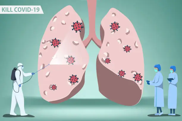 Vector illustration of Doctor analyzed the disease And scientists spraying antiseptics to kill virus cells That is destroying the lung until it is damaged Covid-19 concept vector illustration