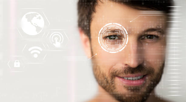 istock Retina scan of young male, collage with information on digital screen. Empty space. Panorama 1216751370