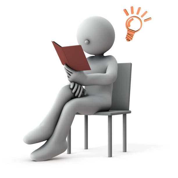 istock A character sitting on a chair and reading. He had an idea. White background. 3D illustration. 1216752635