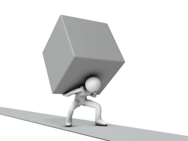 A person walking with a heavy burden. He is stressed. White background. 3D illustration.