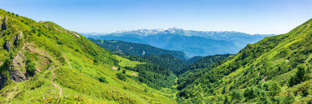 istock Panoramic view over the Green Valley, surrounded by high mountains with snow on a clear summer day. 1216752951