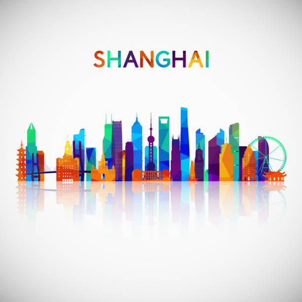 shanghai skyline silhouette in bunten geometrischen stil. symbol für ihr design. vektor-illustration. - shanghai stock-grafiken, -clipart, -cartoons und -symbole