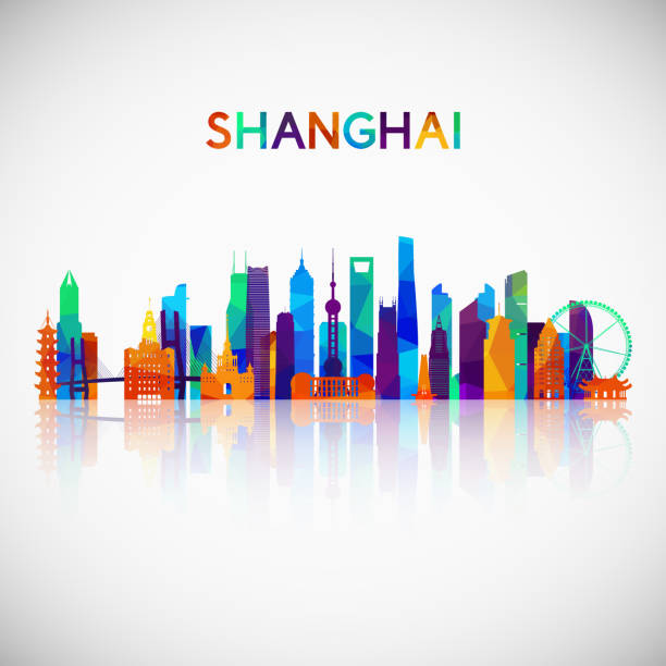 kuvapankkikuvitukset aiheesta shanghain horisontti siluetti värikkäällä geometrisella tyylillä. suunnittelusi symboli. vektorikuva. - shanghai