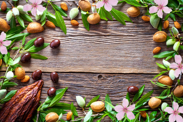 istock Dark chocolate almonds covered with almond fruits border 1216756442