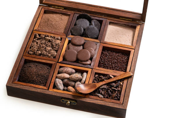 istock Chocolate wood box with coca beans chocolate drops cacao powder 1216756673