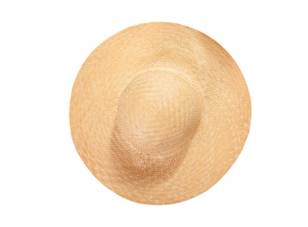 istock Pretty straw hat with ribbon and bow on white background. Beach hat top view isolated 1216758059