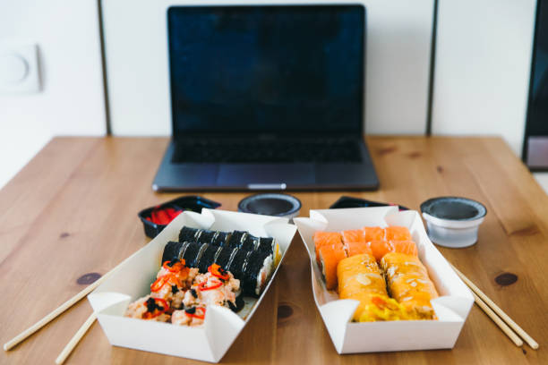 Getting ready for watching movies with sushi rolls staying at home