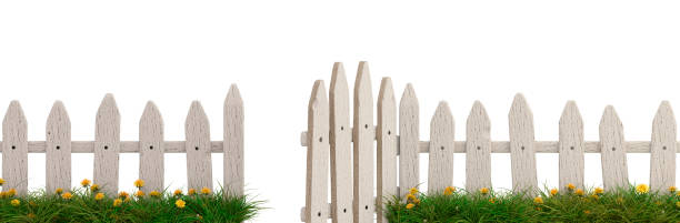 istock Old wooden fence with open gate isolated on a white background 1216758415