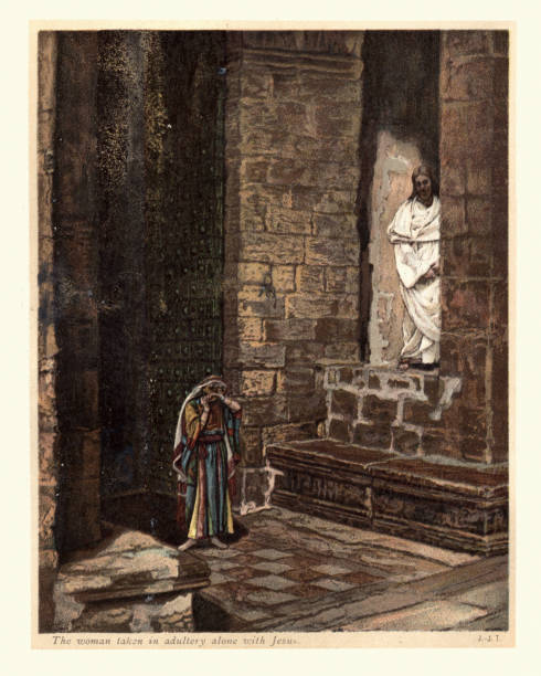 Vintage engraving of scene from the New Testament, The woman taken in adultery alone with Jesus. James Tissot