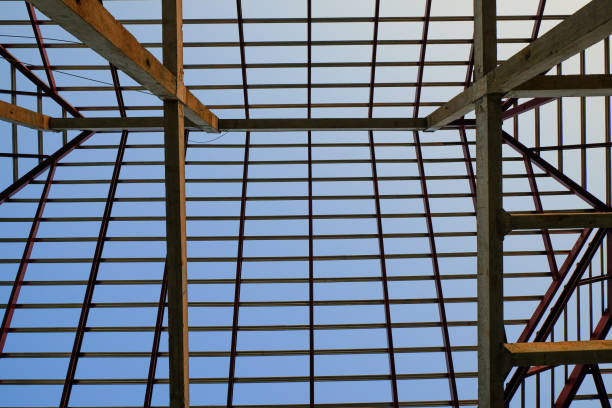 roof steel square frame structure for building construction on sky background