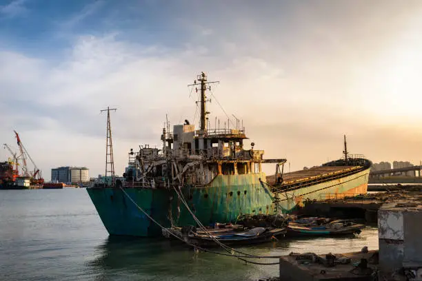 Old and abandoned cargo ships in the port,Tianjin China - March 27, 2020,Tianjin port, China
