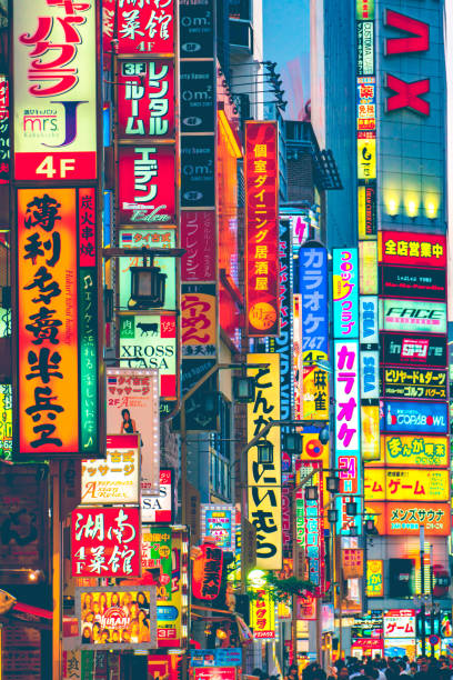 Kabukicho in Shinjuku district, Tokyo, Japan Kabukicho pass illuminated at night in Shinjuku district, Tokyo. The area is a commercial an entertainment zone japan sign stock pictures, royalty-free photos & images