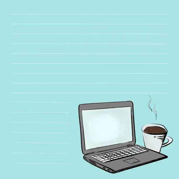 Vector illustration of Laptop and coffee stay at home letters