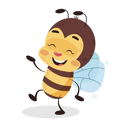 Bee is dancing on white isolated background. Vector funny bee children character design illustration.
