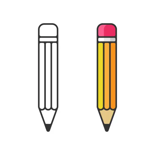 Vector illustration of Pencil Icon. Eraser Pen Flat and Outline Design and Back to School Concept on White Background.