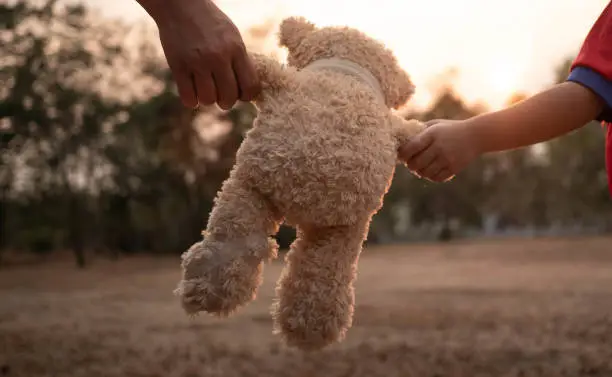 Photo of Close-up Hand of Asian mother and her daughter holding teddy bear's  hands and walking together. Mother and child with love and relationship concept.