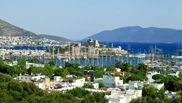 Panoramic view of Saint Peter Castle (Bodrum castle) and marina - Bodrum, Turkey Panoramic view of Saint Peter Castle (Bodrum castle) and marina - Bodrum, Turkey escort in bodrum stock pictures, royalty-free photos & images