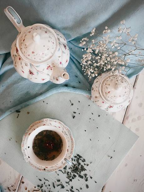 a Cup of tea and a teapot. the view from the top. vintage