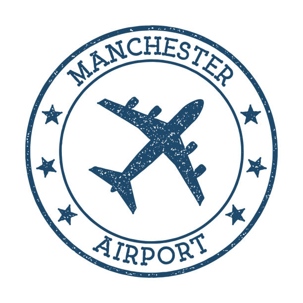 Manchester Airport logo. Manchester Airport logo. Airport stamp vector illustration. Manchester aerodrome. ancient writing tool stock illustrations