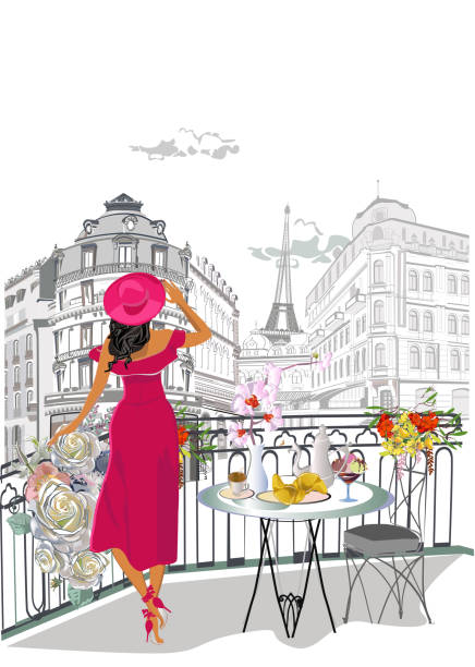 Woman in red hat. Fashion people in the street cafe in Paris. Fashion people in the street cafe. Street cafe with flowers in the old city. Hand drawn vector illustration. paris fashion stock illustrations