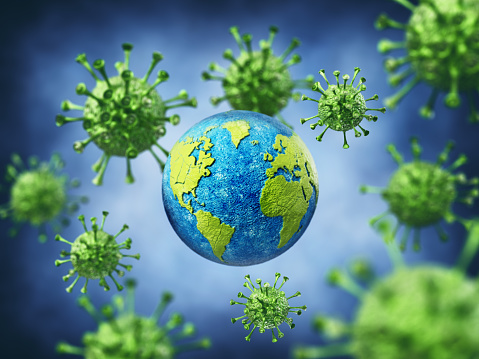 Earth among large group of virus against blue background.

Adobe Illustrator and Photoshop used for world texture map modifications. Original texture link: https://eoimages.gsfc.nasa.gov/images/imagerecords/73000/73580/world.topo.bathy.200401.3x5400x2700.jpg