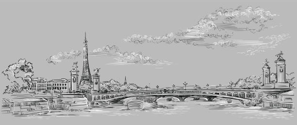 Grey vector hand drawing Paris 4 Vector hand drawing Illustration of Eiffel Tower (Paris, France). Landmark of Paris. Panoramic cityscape with Eiffel Tower and Pont Alexandre III, view on Seine river embankment. Vector hand drawing illustration in white and black colors isolated on grey background. pont alexandre iii stock illustrations