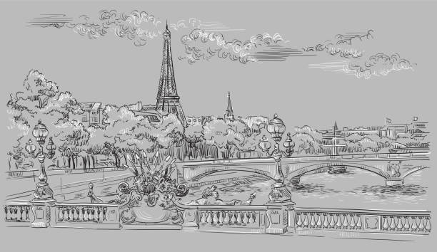 Grey vector hand drawing Paris 8 Vector hand drawing Illustration of Eiffel Tower (Paris, France). Landmark of Paris. Cityscape with Eiffel Tower and Pont Alexandre III, view on Seine river embankment. Vector hand drawing illustration in black and white colors isolated on grey background. pont alexandre iii stock illustrations