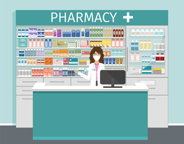 illustrations, cliparts, dessins animés et icônes de pharmacie avec le pharmacien dans le masque médical. illustration de vecteur. - pharmacie