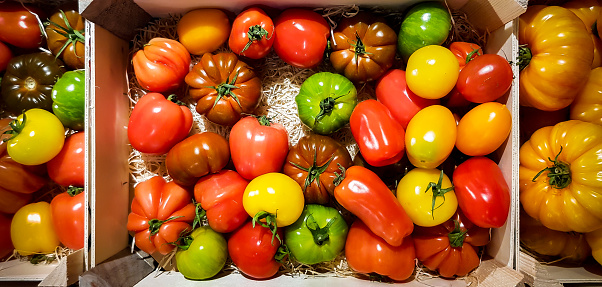 Case of seasonal vegetables
Spring tomatoes
In this crate are round tomatoes, pineapple tomatoes, elongated tomatoes, Crimean black, beef heart, cornabel, black Russian, green zebra, roma and peach tomatoes
These products are artisanal
