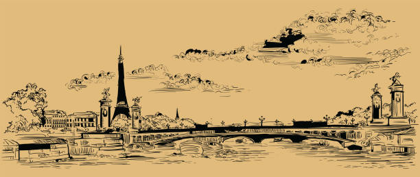 Beige vector hand drawing Paris 4 Vector hand drawing Illustration of Eiffel Tower (Paris, France). Landmark of Paris. Panoramic cityscape with Eiffel Tower and Pont Alexandre III, view on Seine river embankment. Vector hand drawing illustration in black color isolated on beige background. pont alexandre iii stock illustrations