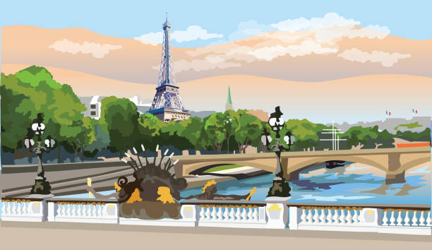 Colorful vector Paris 8 Colorful vector Illustration of Eiffel Tower, landmark of Paris, France. Panoramic cityscape with Eiffel Tower and Pont Alexandre III, view on Seine river embankment. pont alexandre iii stock illustrations