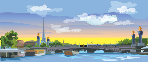 Colorful vector Paris 4 Colorful vector Illustration of Eiffel Tower, landmark of Paris, France. Panoramic cityscape with Eiffel Tower and Pont Alexandre III, view on Seine river embankment. pont alexandre iii stock illustrations