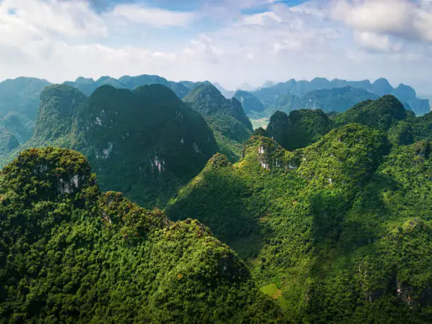 Karst limestone mountain range in Guangxi China aerial view