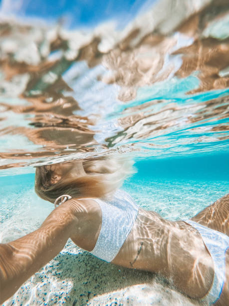 istock Girls swimming underwater in tropics 1216785698