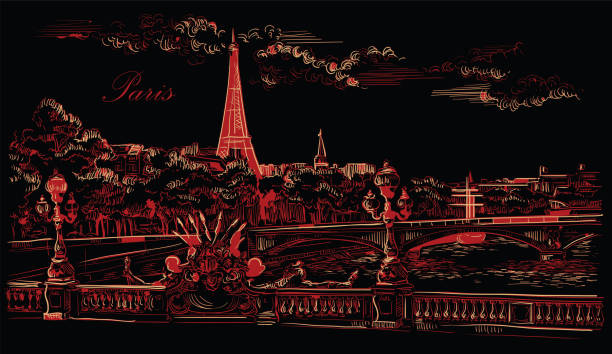 Black and red vector hand drawing Paris 8 Vector hand drawing Illustration of Eiffel Tower (Paris, France). Landmark of Paris. Cityscape with Eiffel Tower and Pont Alexandre III, view on Seine river embankment. Vector hand drawing illustration in red color isolated on black background. pont alexandre iii stock illustrations