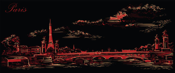 Black and red vector hand drawing Paris 4 Vector hand drawing Illustration of Eiffel Tower (Paris, France). Landmark of Paris. Panoramic cityscape with Eiffel Tower and Pont Alexandre III, view on Seine river embankment. Vector hand drawing illustration in red color isolated on black background. pont alexandre iii stock illustrations