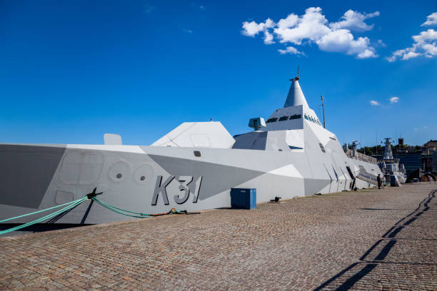 Swedish modern stealth warship moored at the quay. stock photo