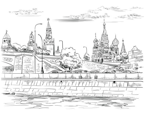 Vector hand drawing Moscow-4 Cityscape of embankment of Kremlin towers and bridge across Moscow river (Red Square, Moscow, Russia) isolated vector hand drawing illustration in black color on white background kremlin stock illustrations