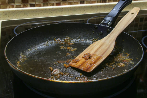 istock Dirty frying pan and pan scraper covered with fat 1216788010
