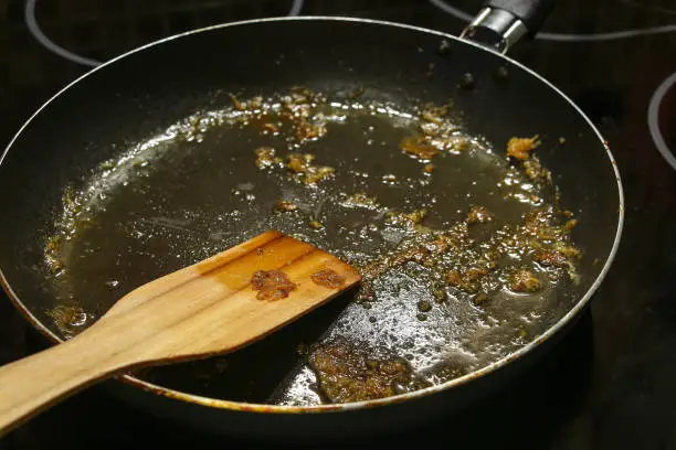 Photo of Dirty frying pan and pan scraper covered with fat