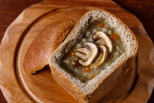 istock Mushroom soup in a bowl of bread 1216788526