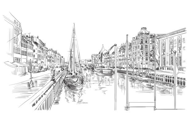 Pier in Copenhagen Pier in Copenhagen, Denmark. Landmark of Denmark. Vector hand drawing illustration in black color isolated on white background. nyhavn stock illustrations