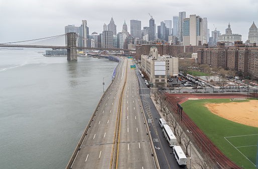 Empty FDR Drive,officially referred to as the Franklin D. Roosevelt East River Drive, in New York City. Suitable for lockdown NYC from emergency protocol like coronavirus pandemia.