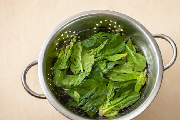 Washing spinach leaves in a colander in the kitchen.