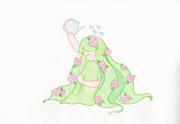 ilustrações de stock, clip art, desenhos animados e ícones de flower girl with pink roses watering herself. watercolor illustration. - self love