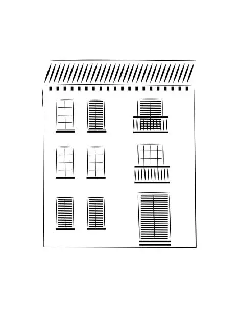 Vector illustration of Mediterranean holiday villa tenement B&B hotel residential building. Editable lovely minimalist drawing illustration. Freehand sketch simple line vector. Black and white, plain white background. South European, Italian, Greek, Croatian style architecture