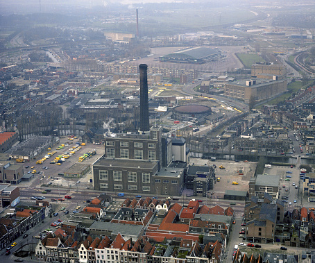 Leiden, Holland, April 01 - 1987: Historical aerial photo of the power plant at the Langegracht in the center of Leiden