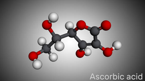 Ascorbic acid, vitamin C, C6H8O6 molecule. Food additive E300. Molecular model Ascorbic acid, vitamin C, C6H8O6 molecule. Food additive E300. Molecular model. 3D rendering vitamin c chemical formula stock illustrations