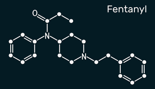 Fentanyl, fentanil,  C22H28N2O molecule. It is opioid analgesic. Structural chemical formula on the dark blue background Fentanyl, fentanil,  C22H28N2O molecule. It is opioid analgesic. Structural chemical formula on the dark blue background. Illustration fentanyl stock illustrations